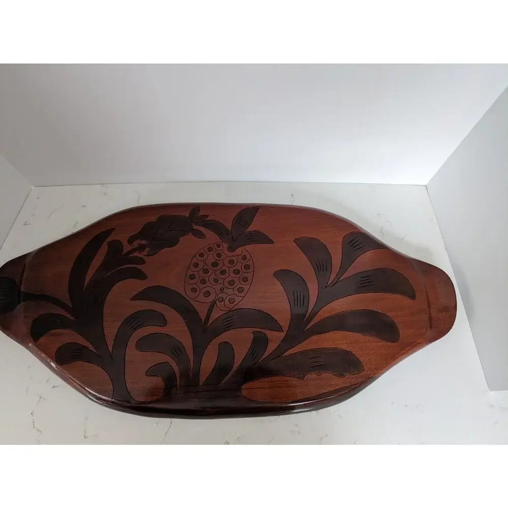 Vtg. Handcarved Wrap Around Serving Tray Island Pineapple Floral Mahogany EUC